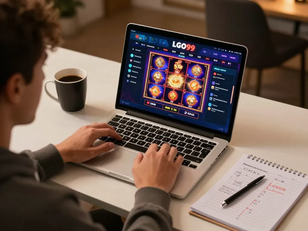 LGO99 player enjoying vibrant slot games during a cozy online gaming session