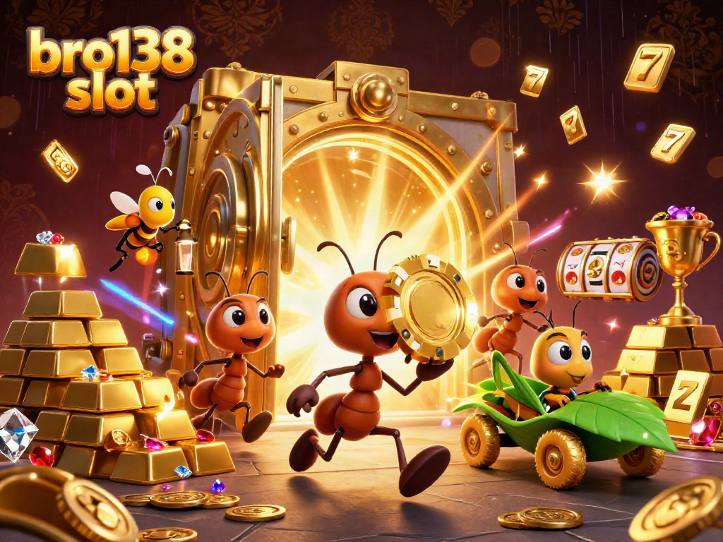 Engage with bro138 slot excitement as cartoon ants heist a giant poker chip amidst sparkling casino treasures.