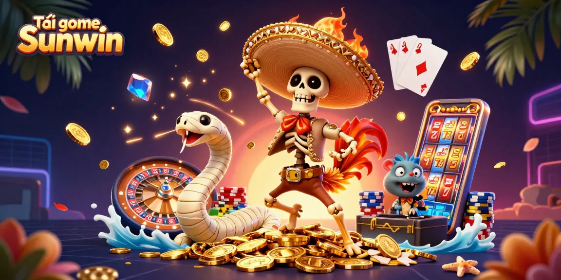 Experience Tải game Sunwin with a dynamic 3D casino scene, featuring a mariachi rooster, mummy snake, and DJ hamster.