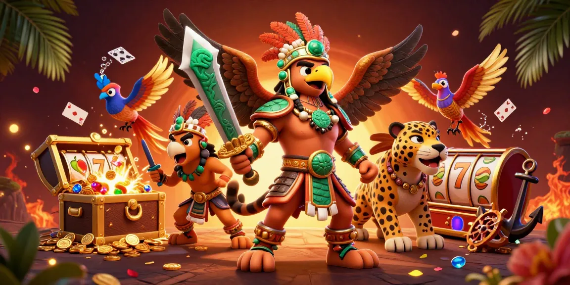 Experience thrilling slot action with Aztec warrior characters amid gold coins and colorful gems.