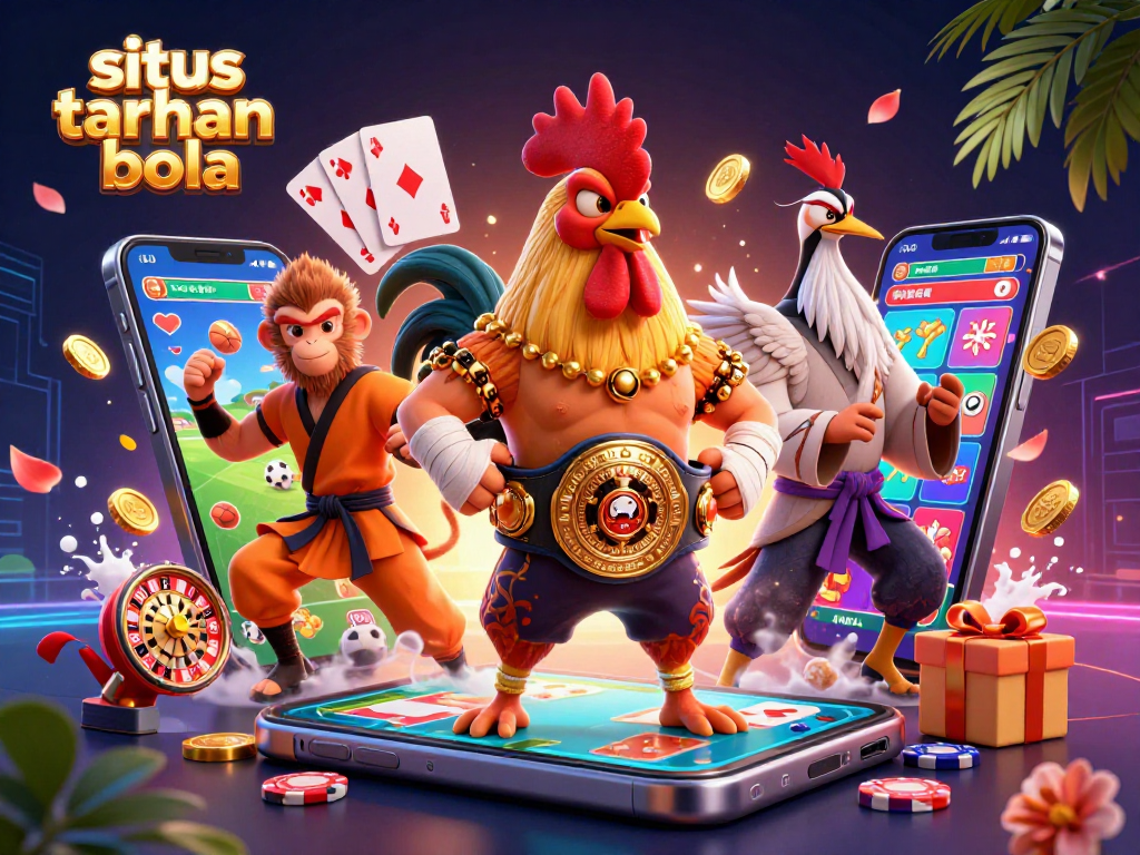 Engage in situs taruhan bola with a vivid 3D illustration of sports betting characters and dynamic game elements.