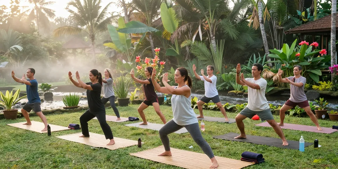 Participants practicing Qi Gong Bali at sunrise in tranquil tropical setting.