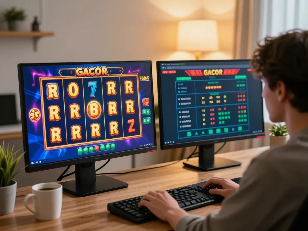 Player immersed in slot gacor games on dual screens at online gaming desk
