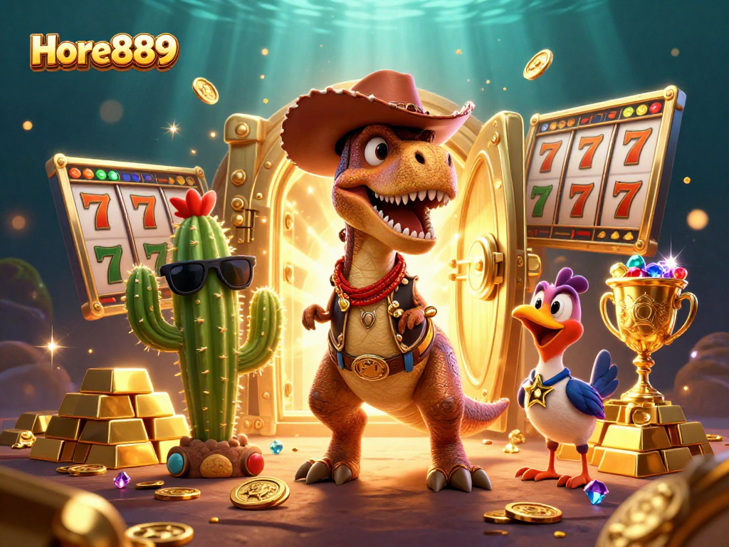 Engage with thrilling slots at Hore889 while enjoying a vibrant casino experience with colorful characters.