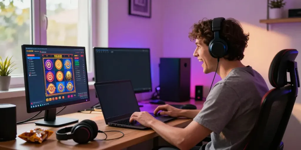 Exciting online gaming experience playing slot 4d in a cozy home office.