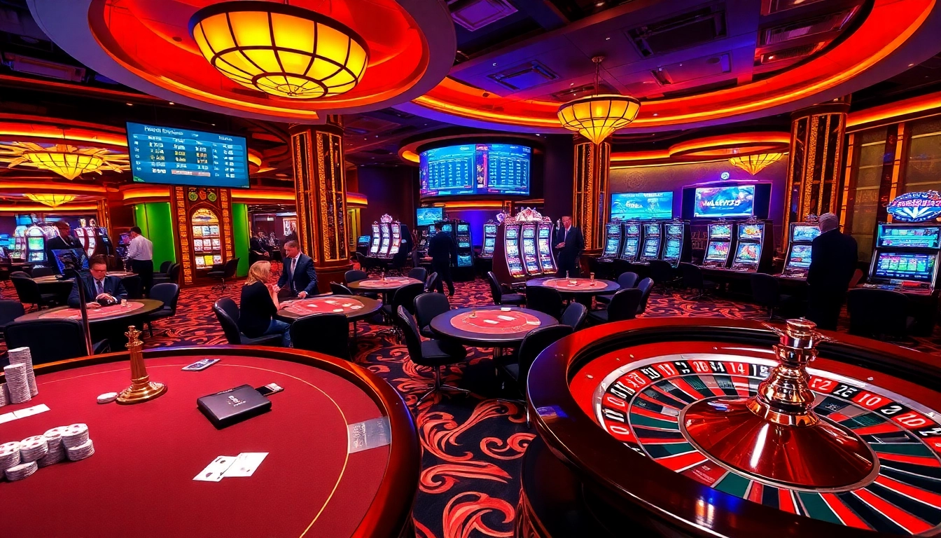 Players enjoying an exciting gaming experience at NA777 casino, featuring poker tables and roulette wheels.