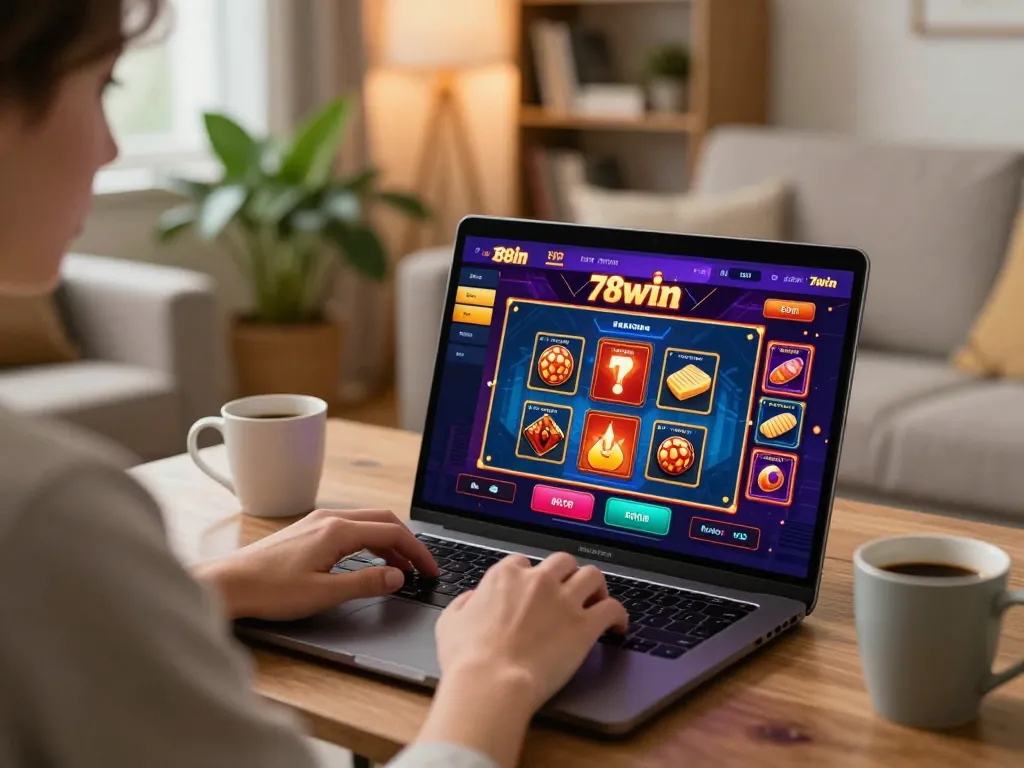 Player engaging with the 78win online casino interface in a cozy home setting