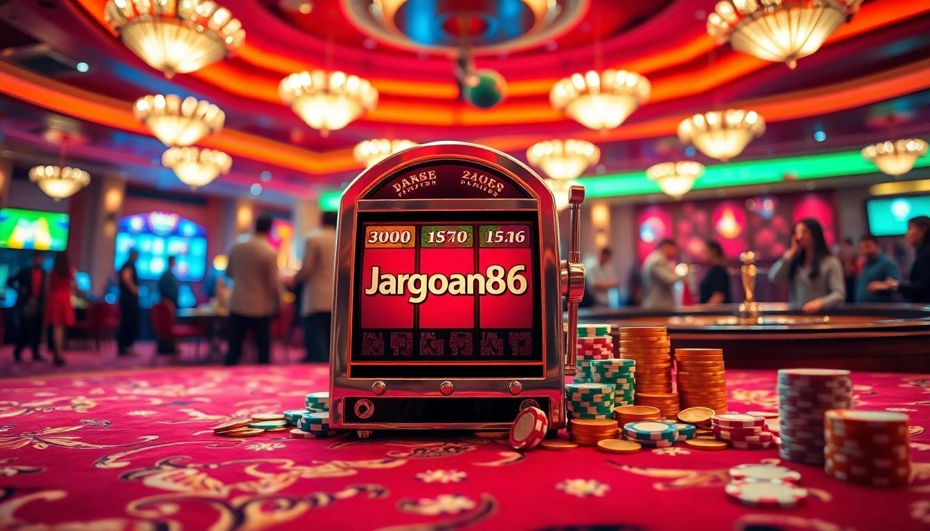 Enticing jagoan86 slot machine surrounded by colorful poker chips and vibrant casino atmosphere.