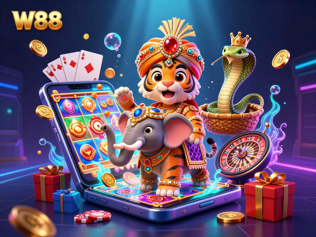 Experience the thrilling W88 casino world with captivating slots and games in this vibrant illustration.