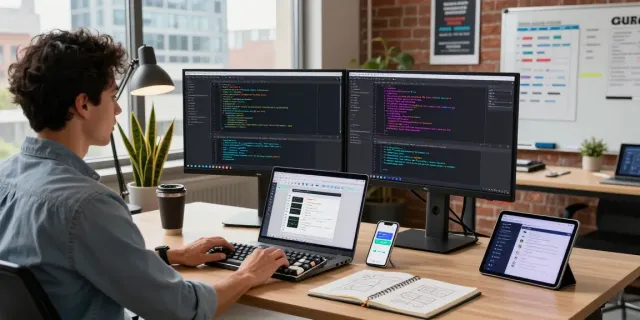 Login natunatoto dengan developer di ruang kerja modern, menampilkan monitor dan laptop dengan kode serta desain aplikasi.