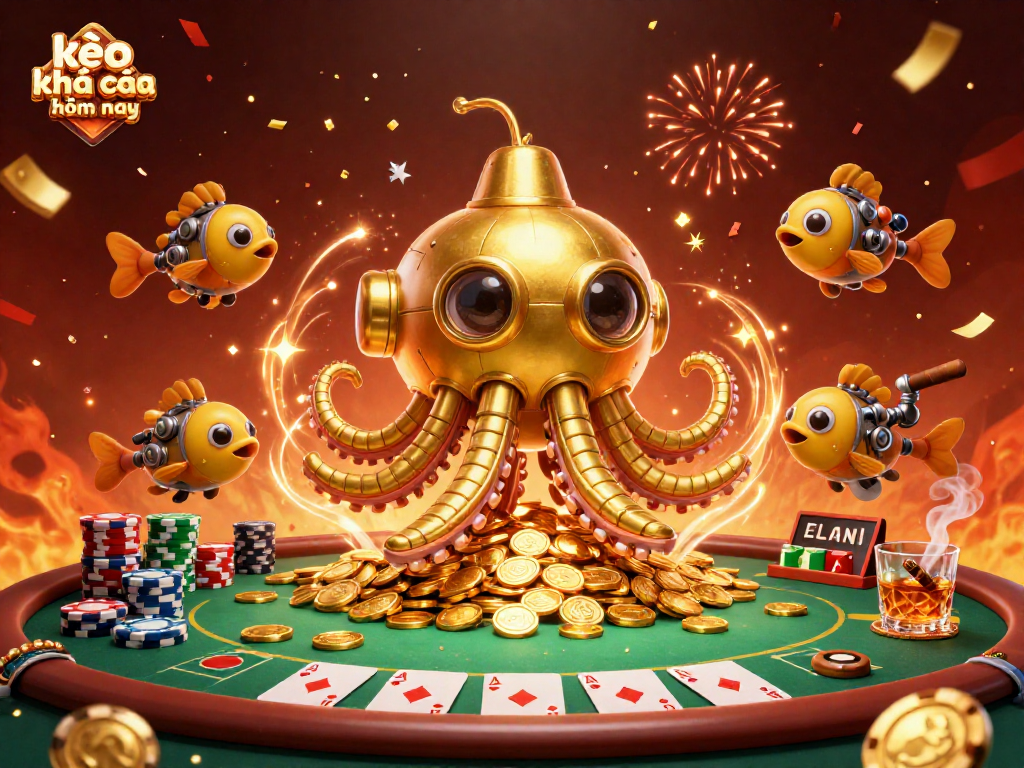 Engage with kèo nhà cái hôm nay through an illustrated scene featuring a kraken submarine and poker elements.