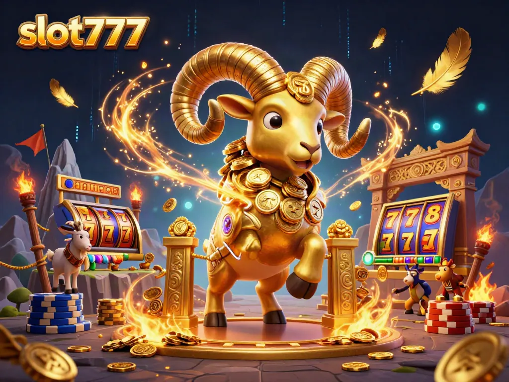 Slot777 menghadirkan ram emas beraksi di arena slot, dikelilingi koin dan elemen permainan lainnya.