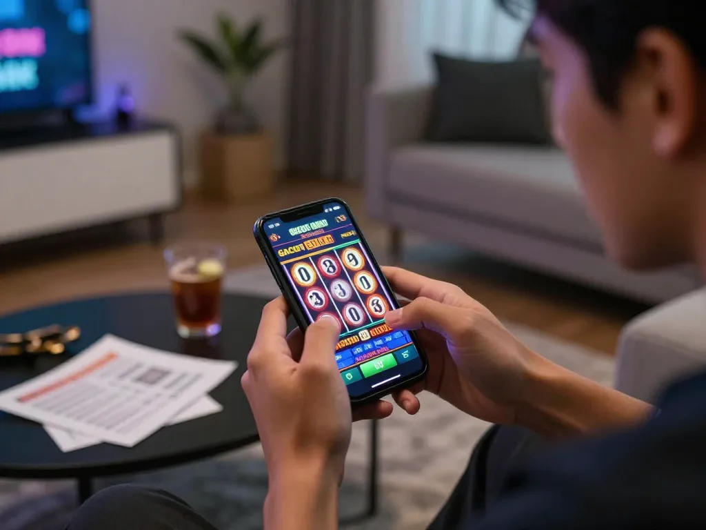 Engaging in slot gacor hari ini on a smartphone, showcasing vibrant gameplay and responsible gaming atmosphere.