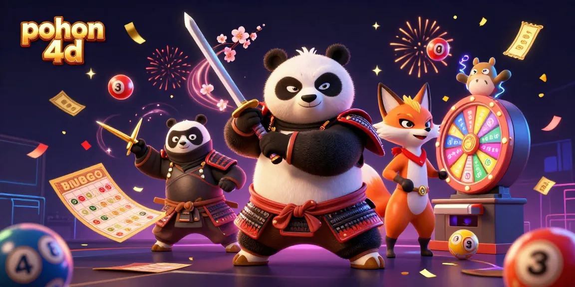 Pohon 4D's vibrant promotional illustration showcasing interactive lottery features and dynamic characters.