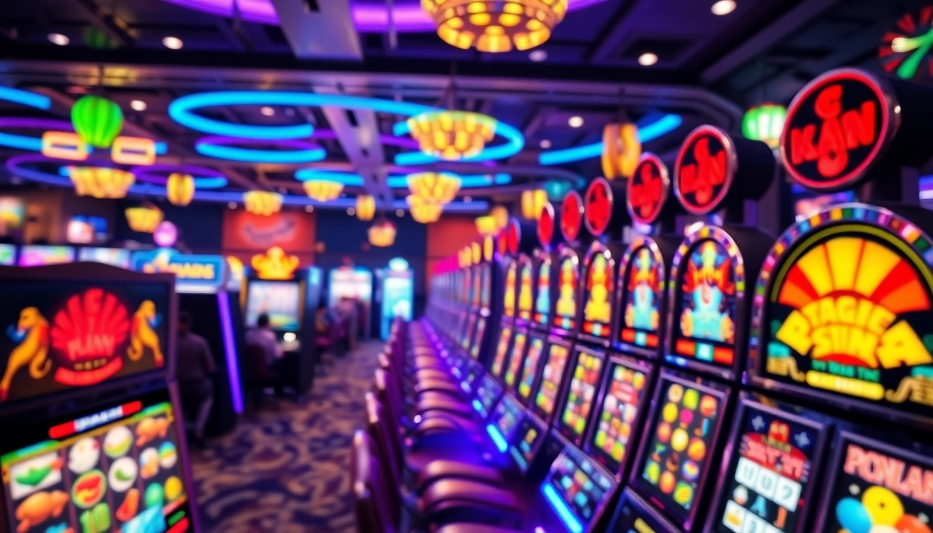 Slot mesin berputar di kasino yang penuh warna dan ramai dengan pencahayaan mencolok