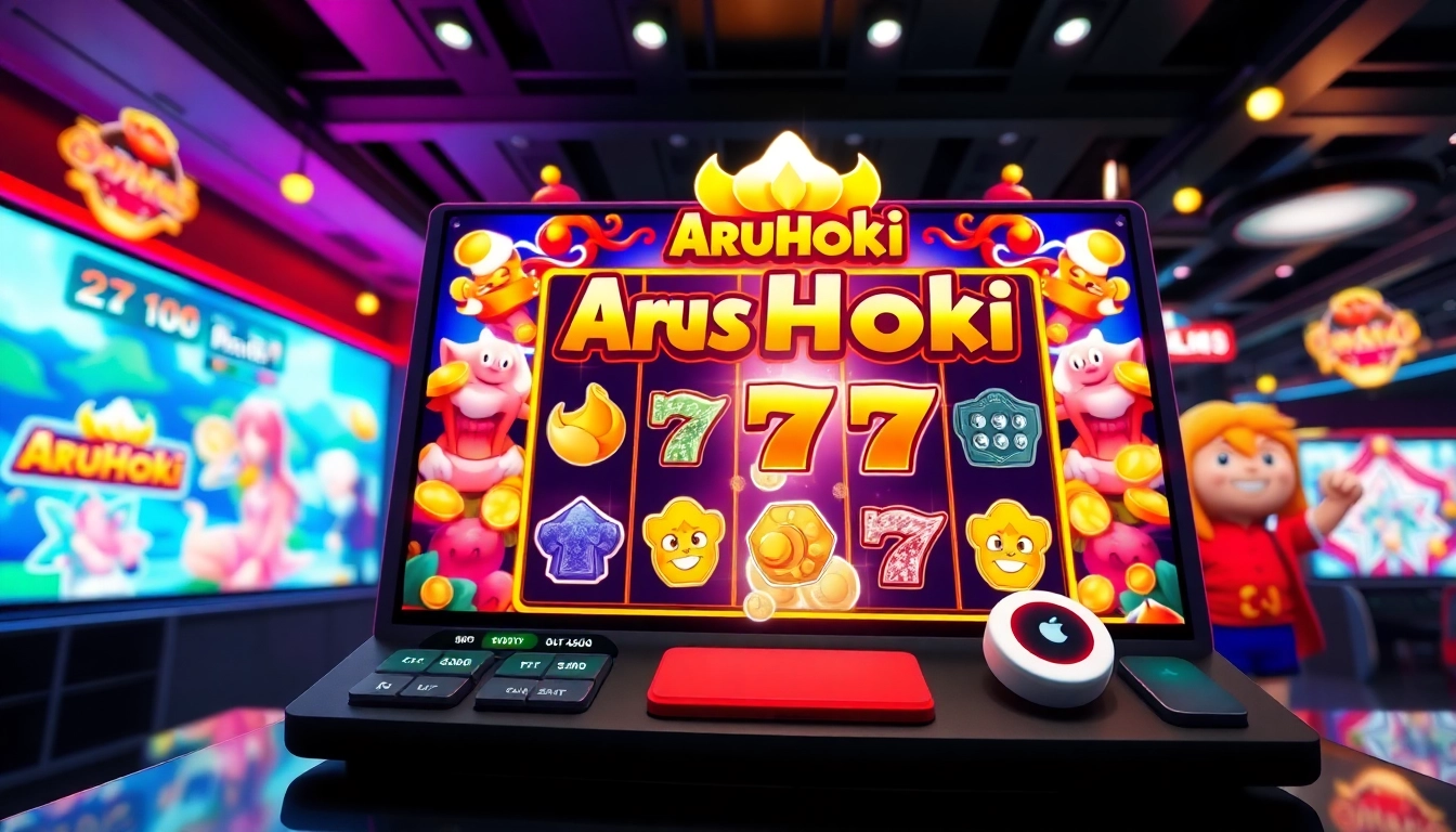 Menangkan permainan slot ArusHoki dengan desain yang menarik dan simbol berwarna cerah.