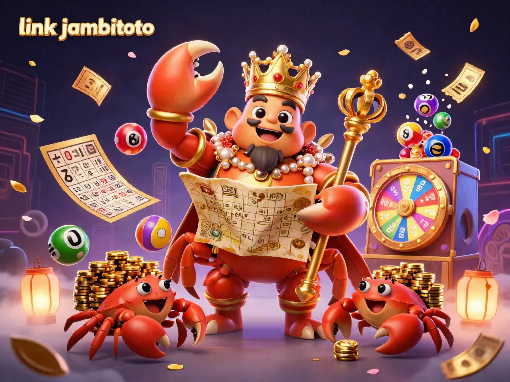 Engage with link jambitoto through a vibrant 3D illustration featuring a golden crab emperor in a lively casino scene.