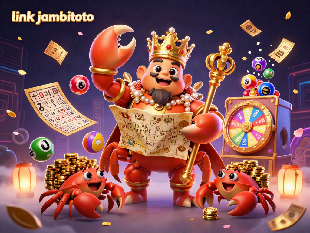 Engage with link jambitoto through a vibrant 3D illustration featuring a golden crab emperor in a lively casino scene.