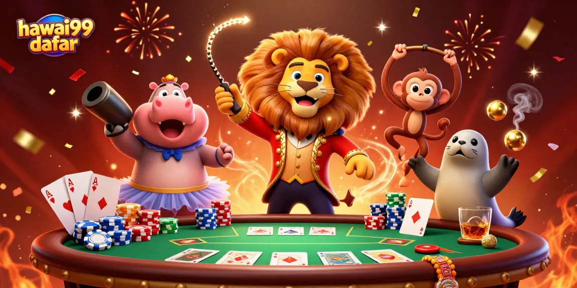 Engage in thrilling gameplay with hawai99 daftar as a dazzling circus scene bursts with casino excitement