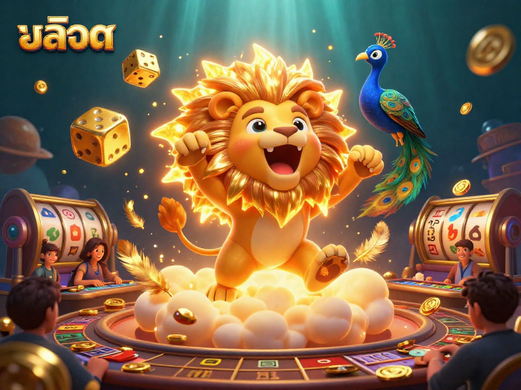 Experience winning strategies with สล็อต as a roaring lion triumphs alongside vibrant casino elements.