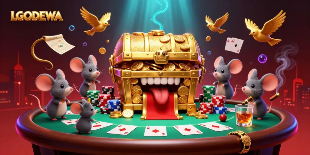 Engage with LGODEWA's interactive treasure chest scene, showcasing vibrant casino elements and gaming strategy.