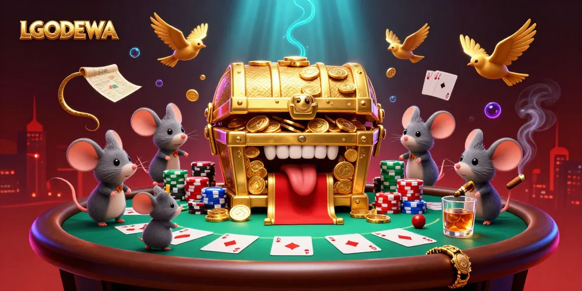 Engage with LGODEWA's interactive treasure chest scene, showcasing vibrant casino elements and gaming strategy.