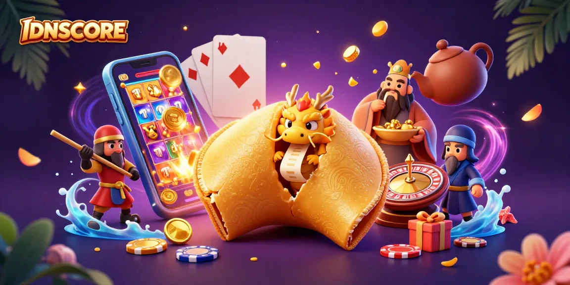 IDNSCORE players winning big with a colorful slot game and golden coins erupting in a vibrant online casino scene