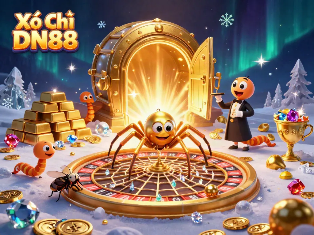 Spin the Xổ Số DN88 roulette wheel as excitement builds with golden treasures and vibrant gems.