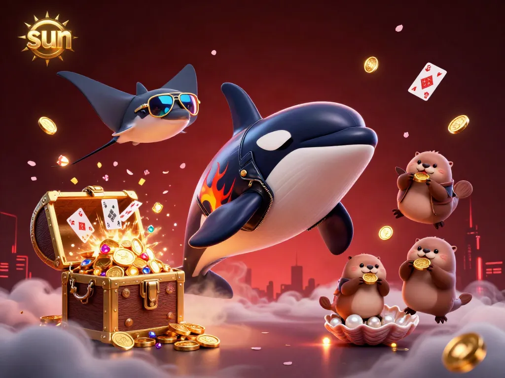 Engaging scene of sun-themed gambling with dynamic characters and treasure-filled elements.
