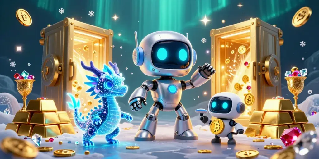 Engage with sumseltoto's exciting gaming atmosphere featuring a futuristic robot, AI dragon, and bitcoin drone.