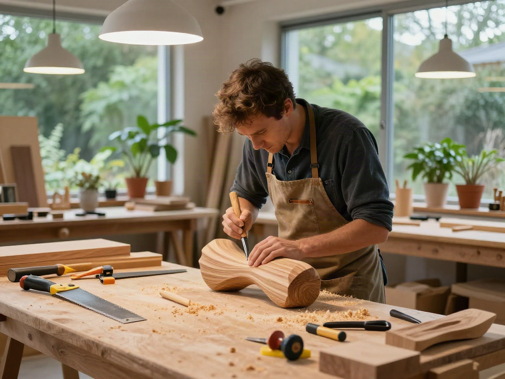 Artisan mengukir patung kayu unik dengan alat di workshop kayu, alexistogel tampilkan keterampilan dan dedikasi.