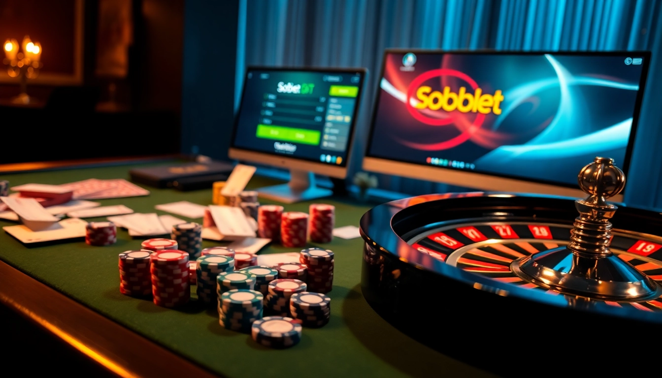 Engaging scene showcasing sbobet login terbaru with casino elements and excited gamblers.