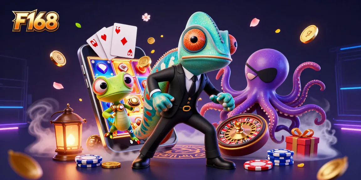 Experience thrilling F168 gameplay with a vibrant 3D casino scene featuring characters and gaming elements.