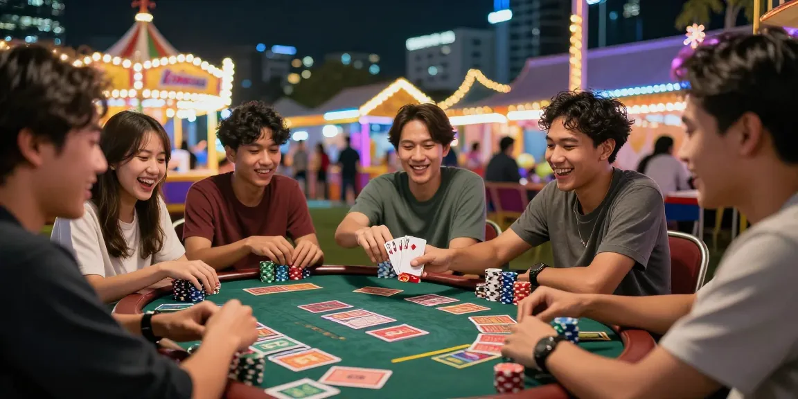 Excited friends enjoying situs togel games under festive lights