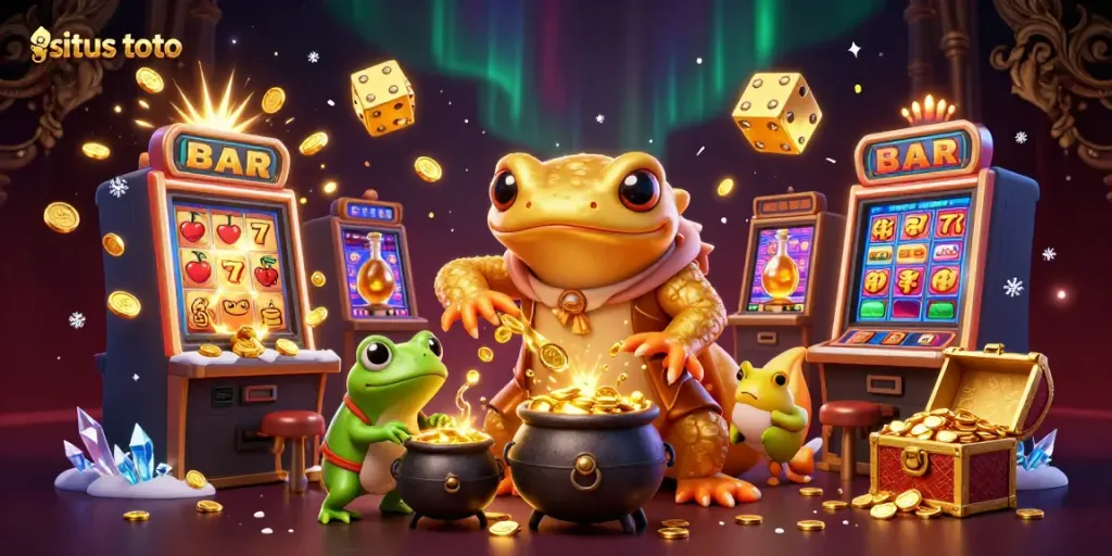 This vibrant scene depicts a magical "situs toto" world where a golden salamander alchemist transforms metals into gold amidst exciting gambling elements.