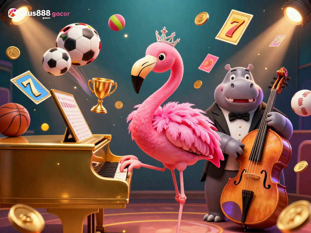 Play captivating games like situs888 gacor with a flamingo lounge singer and a hippo bassist in a vibrant casino scene.