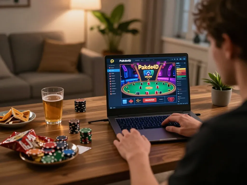 Player enjoying Pakde4D online gaming experience on laptop in a cozy home setup