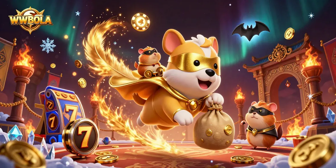 Menangkan permainan slot di WWBOLA dengan karakter kartun 3D superhero anjing, menampilkan keseruan dan nuansa kasino.
