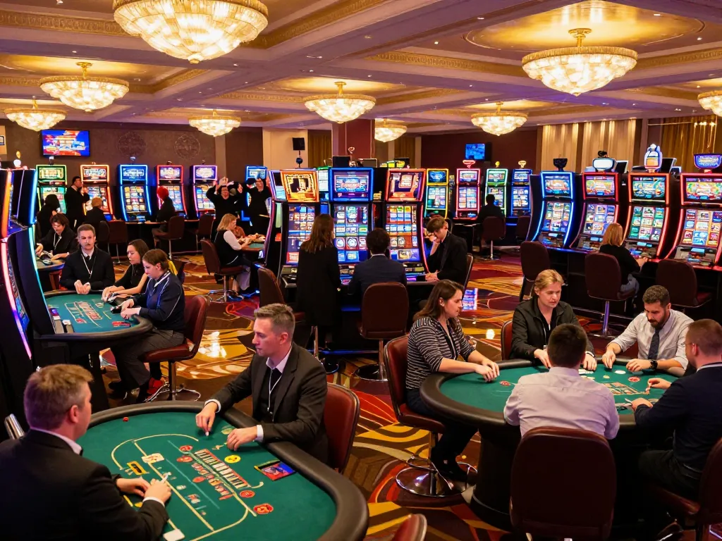 NoHu casino action featuring players engaged at gaming tables with vibrant lights.