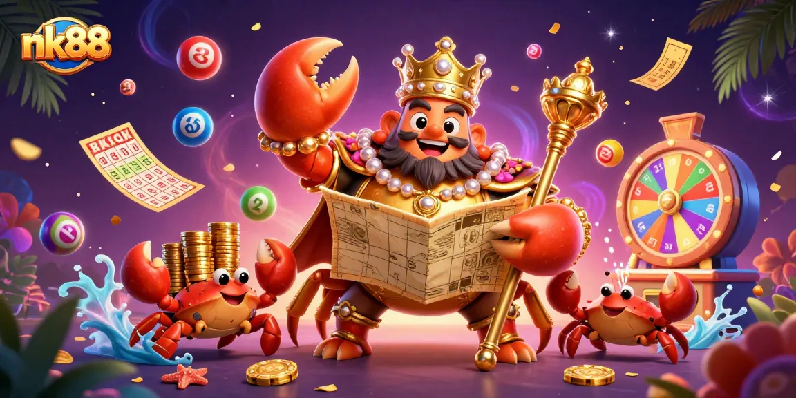 Join the adventure with nk88's golden crab emperor amidst vibrant lottery games and treasures!