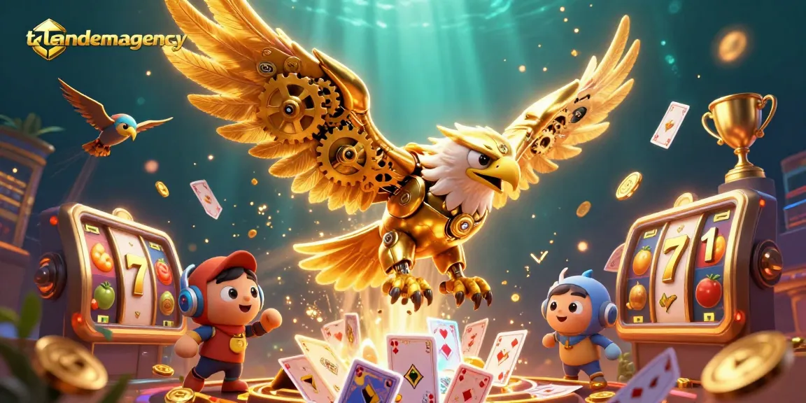 Engage with tandemagency's winning slots experience featuring a golden eagle in a vibrant casino scene.
