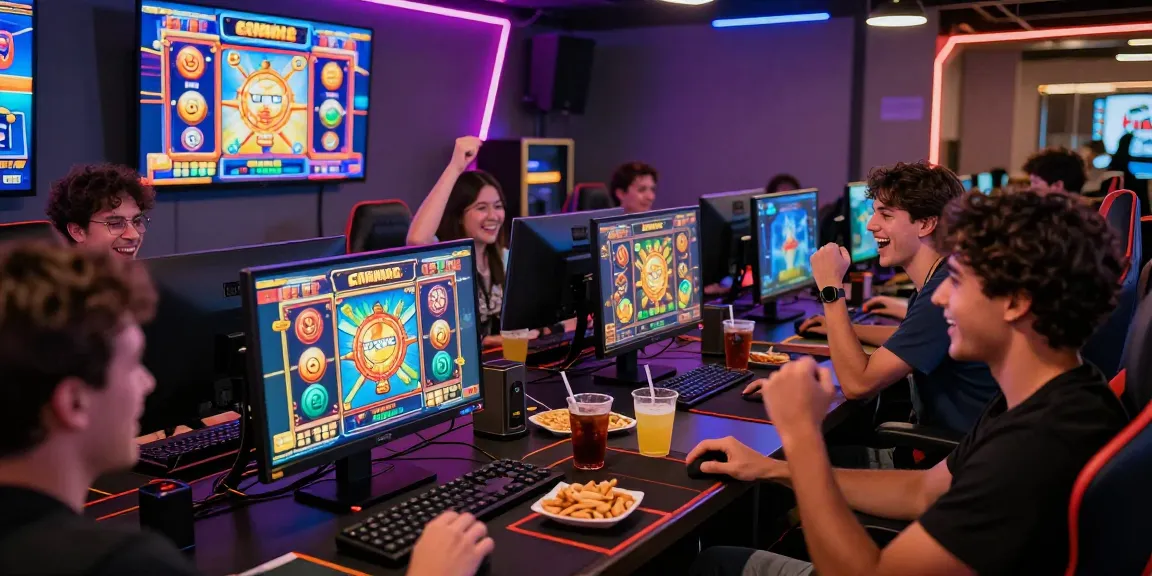 Group enjoying slot gacor games in a vibrant gaming lounge, celebrating a win.