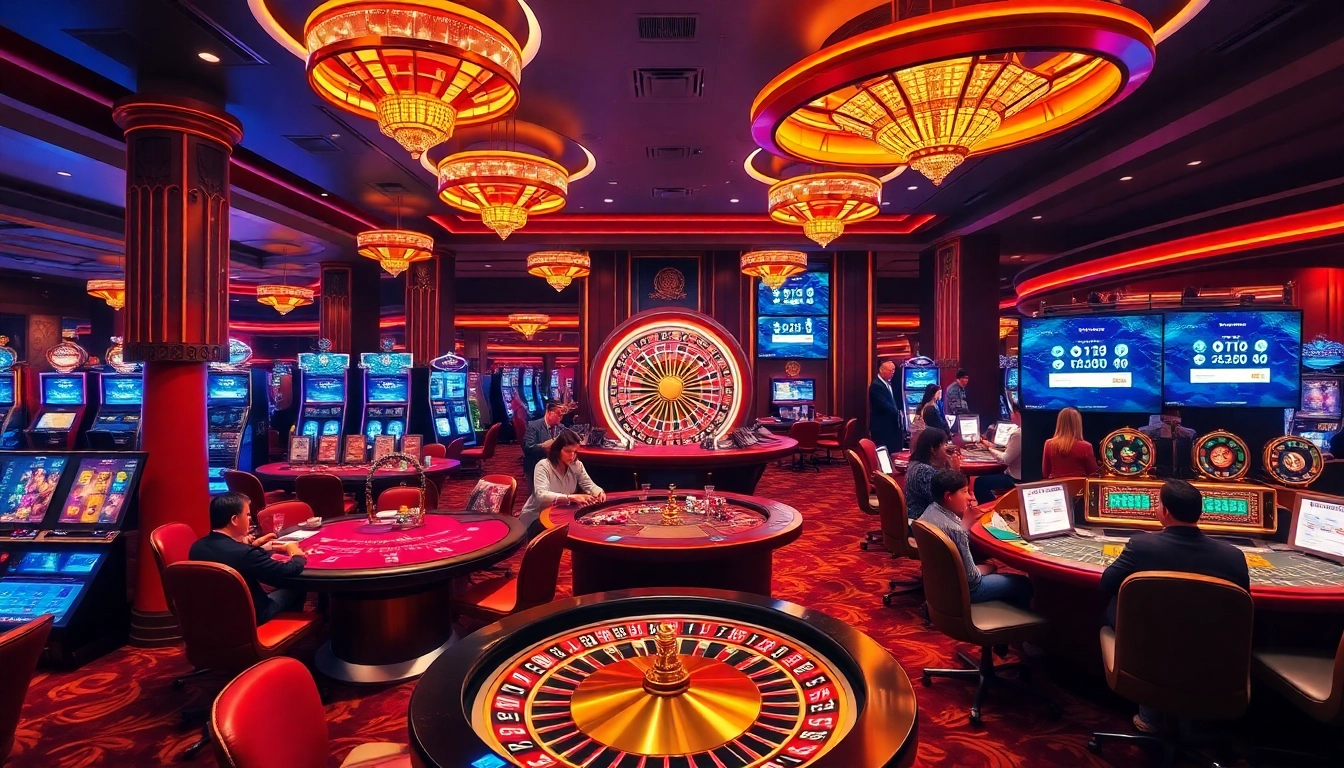 Experience the excitement of tg88 đăng nhập at a luxurious casino with vibrant gaming tables.