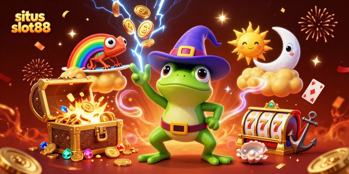 Situs slot88 offers a vibrant casino-themed illustration with playful characters and dynamic elements.