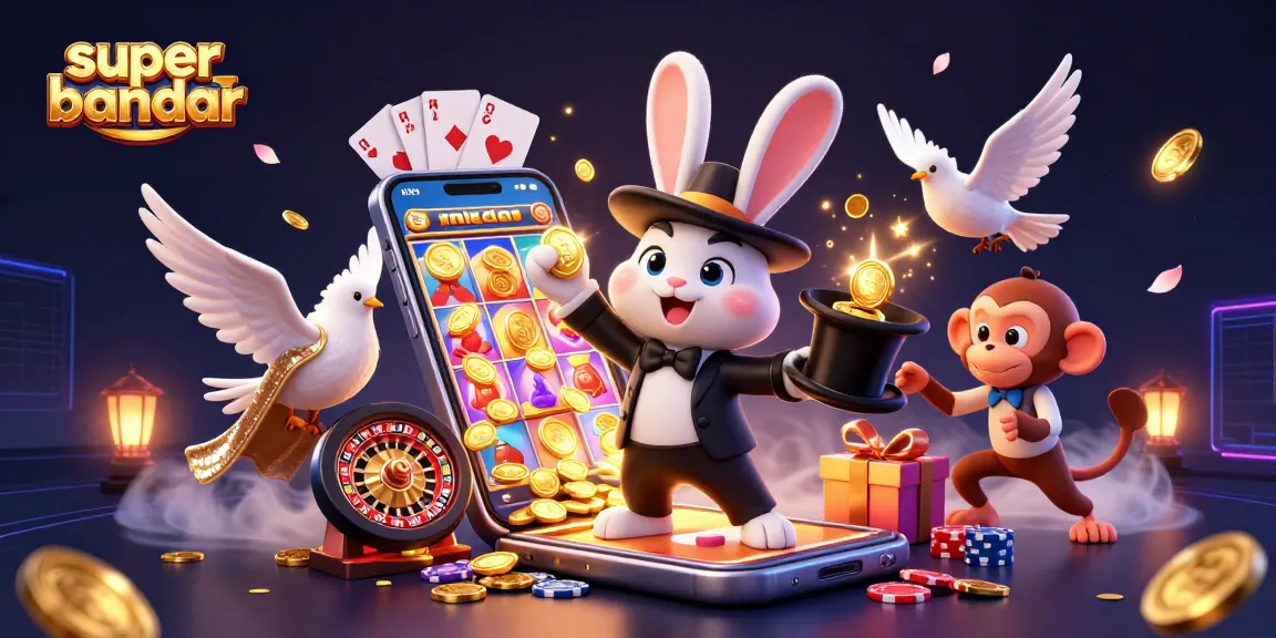 Super bandar menciptakan suasana menarik dengan kelinci penyihir menarik koin emas dan chip poker.