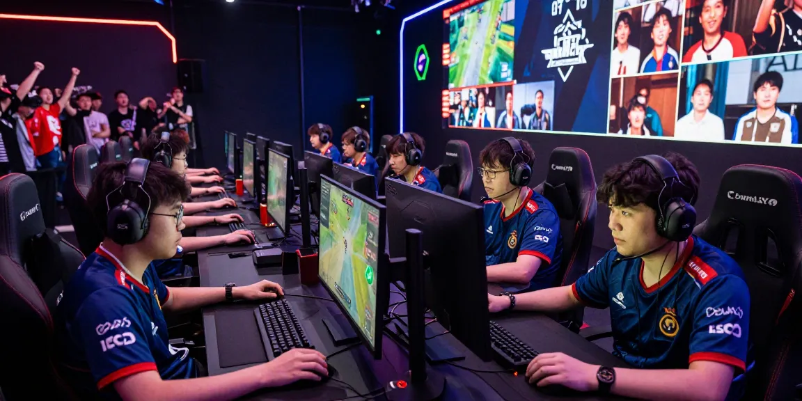 Pertandingan e-sports ligagalaxy dengan gamer fokus di arena modern.